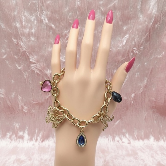 Juicy Couture Gold Charm Bracelet • Purple Heart, Butterfly, Blue Teardrop - Picture 6 of 6